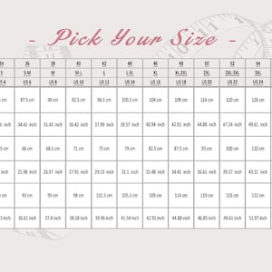 May include: Size chart for clothing with measurements in inches and centimeters. The chart shows sizes from XS to 4XL, with corresponding bust, waist, and hip measurements.