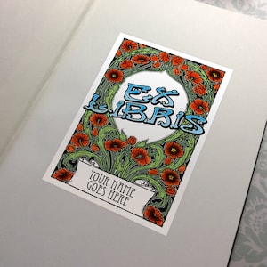 Made to order -  30 Personalized Custom Poppies Art Nouveau bookplate Ex Libris Sticker Adhesive - Protect your library!  free usa ship