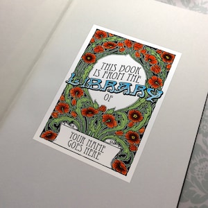Made to order -  30 Personalized Custom Poppies Art Nouveau bookplate Ex Libris Sticker Adhesive - Protect your library!  free usa ship