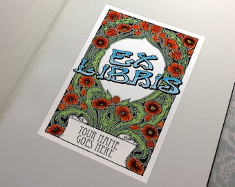 Made to order -  30 Personalized Custom Poppies Art Nouveau bookplate Ex Libris Sticker Adhesive - Protect your library!  free usa ship