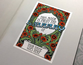 Made to order -  30 Personalized Custom Poppies Art Nouveau bookplate Ex Libris Sticker Adhesive - Protect your library!  free usa ship