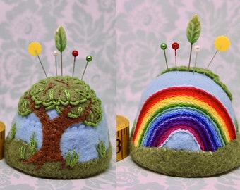 Made to order - Scenic Rainbow and tree landscape Large bottlecap pincushion free us shipping