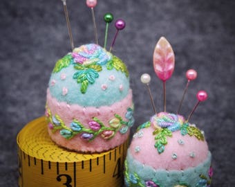 Hand Embroidered Pincushion: Rose and Vine, Recycled Felt Made To Order