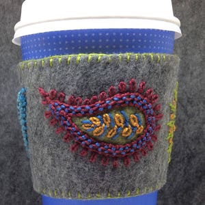 IN STOCK free US ship Hand Embroidered Ethnic Paisley Coffee Cup Cozy Sleeve sheath in Grey and Jewel Tones image 1