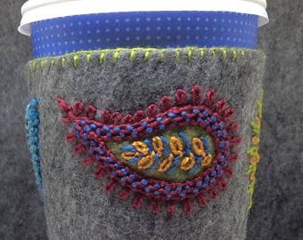 IN STOCK free US ship - Hand Embroidered Ethnic Paisley Coffee Cup Cozy Sleeve sheath in Grey and Jewel Tones