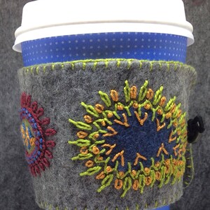 IN STOCK free US ship Hand Embroidered Ethnic Paisley Coffee Cup Cozy Sleeve sheath in Grey and Jewel Tones image 2