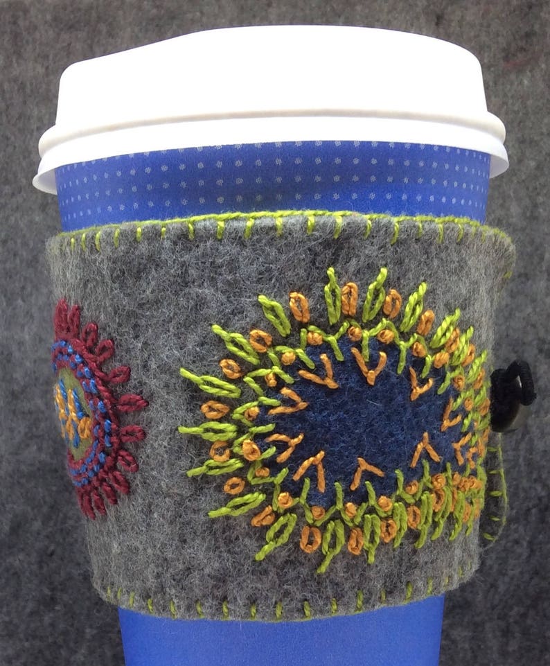 IN STOCK free US ship Hand Embroidered Ethnic Paisley Coffee Cup Cozy Sleeve sheath in Grey and Jewel Tones image 2