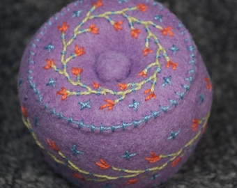 Made to order - Petite Lavander bright little button and flowers Pincushion free usa ship