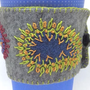 IN STOCK free US ship Hand Embroidered Ethnic Paisley Coffee Cup Cozy Sleeve sheath in Grey and Jewel Tones image 4