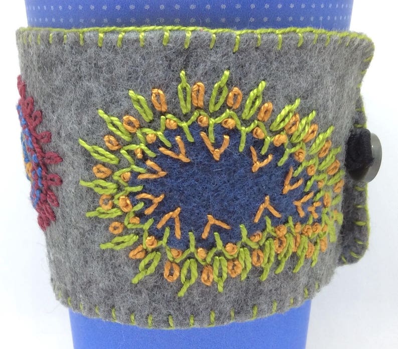 IN STOCK free US ship Hand Embroidered Ethnic Paisley Coffee Cup Cozy Sleeve sheath in Grey and Jewel Tones image 4