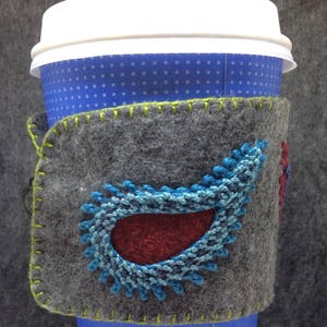 IN STOCK free US ship Hand Embroidered Ethnic Paisley Coffee Cup Cozy Sleeve sheath in Grey and Jewel Tones image 3