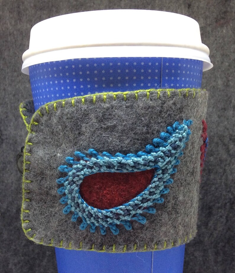 IN STOCK free US ship Hand Embroidered Ethnic Paisley Coffee Cup Cozy Sleeve sheath in Grey and Jewel Tones image 3