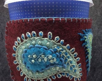 MADE TO ORDER- Hand Embroidered Ethnic Paisley Coffee Cup Cozy Sleeve sheath in your choice of colors free usa ship