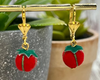 Tiny and Twee Tomato pincushion earrings - cute adorable miniature novelty unique sewist seamtress gift free US shipping