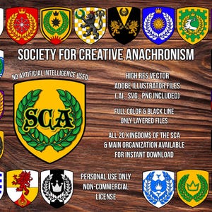 May include: A collection of twenty-one heraldic shields featuring the Society for Creative Anachronism logo and various kingdom emblems. The text reads Society for Creative Anachronism, No Artificial Intelligence Used, High Res Vector, Adobe Illustrator Files, Full Colour & Black Line, and Personal Use Only Non-Commercial Licence.