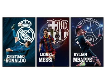 Set van 3 voetbalposters, Lionel Messi Cristiano Ronaldo Kylian Mbappe Poster Bundler, Voetbalposter, Uni-slaapzaal, Instant Download, Cadeau