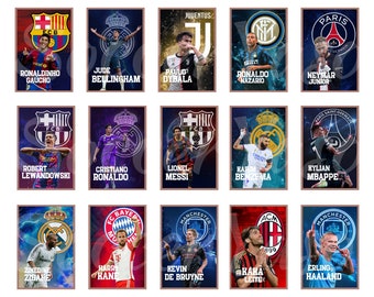 Set mit 15 Fußballpostern Messi Neymar Mbappe Ronaldo Bellingham Haaland Lewandowski R9 Dybala Kaka Benzema De Bruyne Ronaldinho Zidane Kane