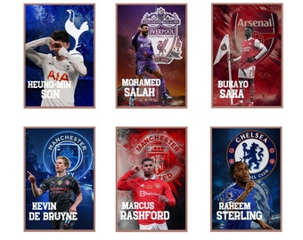 Set of 6 Soccer Posters, De Bruyne, Salah, Son, Saka, Sterling, Rashford, Soccer Poster, Football Poster,Soccer Printable, Instant Download