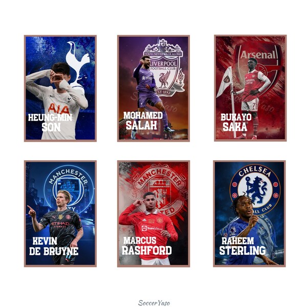 Lot de 6 affiches de football, De Bruyne, Salah, Son, Saka, Sterling, Rashford, affiche de football, affiche de football, football imprimable, téléchargement immédiat