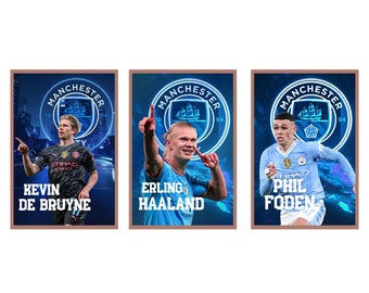 Manchester City Poster, Set of 3 Soccer Poster, Erling Haaland, Kevin De Bruyne, Phil Foden, Soccer Poster,Football Poster, Instant Download