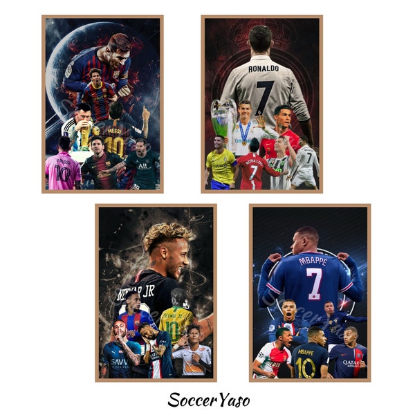 Lot de 4 affiches de football, Lionel Messi, Cristiano Ronaldo, Kylian Mbappe, Neymar Junior, affiche de football, affiche de football, téléchargement immédiat