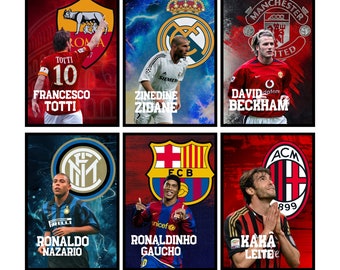 Set of 6 Icon Soccer Player Printable Digital Poster Bundler, Ronaldinho Zidane Ronaldo, Beckham Totti Kaka, Football Legends Poster Set