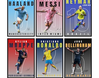 Lionel Messi Cristiano Ronaldo Neymar Junior Kylian Mbappe Jude Bellingham Erling Haaland, set van 6 voetbalposters, voetbal afdrukbaar cadeau