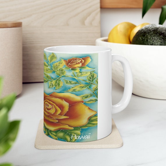Tropical Orange Roses Ceramic Mug – Hawaiian Floral Art, 11oz