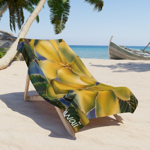 Aloha Spirit Golden Plumeria Beach Towel - Hawaiian Floral Art - Tropical Bloom Luxury Towel - Botanical Decor for Beach Lovers