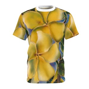 Aloha Spirit Golden Plumeria All-Over Print T-Shirt - Hawaiian Floral Art Tee - Tropical Bloom Fashion - Botanical Shirt for Nature Lovers