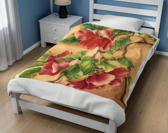 Manta de terciopelo con flores de hibisco, decoración hawaiana