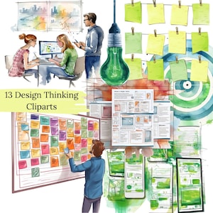 Könnte beinhalten: Aquarellillustration von Design-Thinking-Konzepten. Das Bild zeigt Personen, die an Computern arbeiten, eine Glühbirne, Haftnotizen und eine Tafel mit Notizen. Der Text lautet "13 Design Thinking Cliparts."