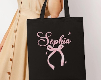 Custom Name Tote Bag | Pink Bow Coquette Aesthetic Canvas Tote | Personalized Bridesmaid Gift | Bachelorette Party Welcome Bag | Cute Gift