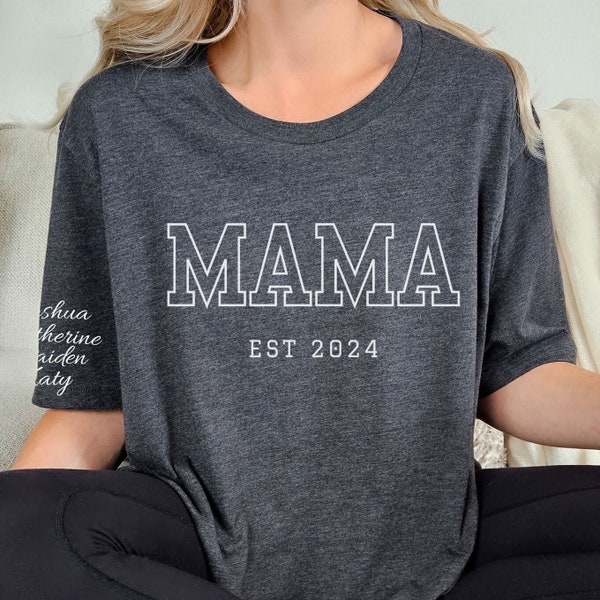 Custom Varsity Mama EST Date shirt, Gift for Mom, Pregnancy Reveal T-shirt, Baby announcement Tee, Womens Mothers Day Apparel, New Mom Gift