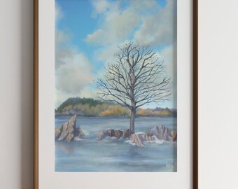 May include: A framed painting of a bare tree standing in a lake with rocks and a blue sky with clouds. The painting is signed "Kris" in the bottom right corner.