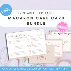 Elegante eenvoudige Canva bewerkbare Macaron Care Card-bundel voor Cottage Bakeries, Home Bakery Business Packaging Template, A6 Bedankkaart