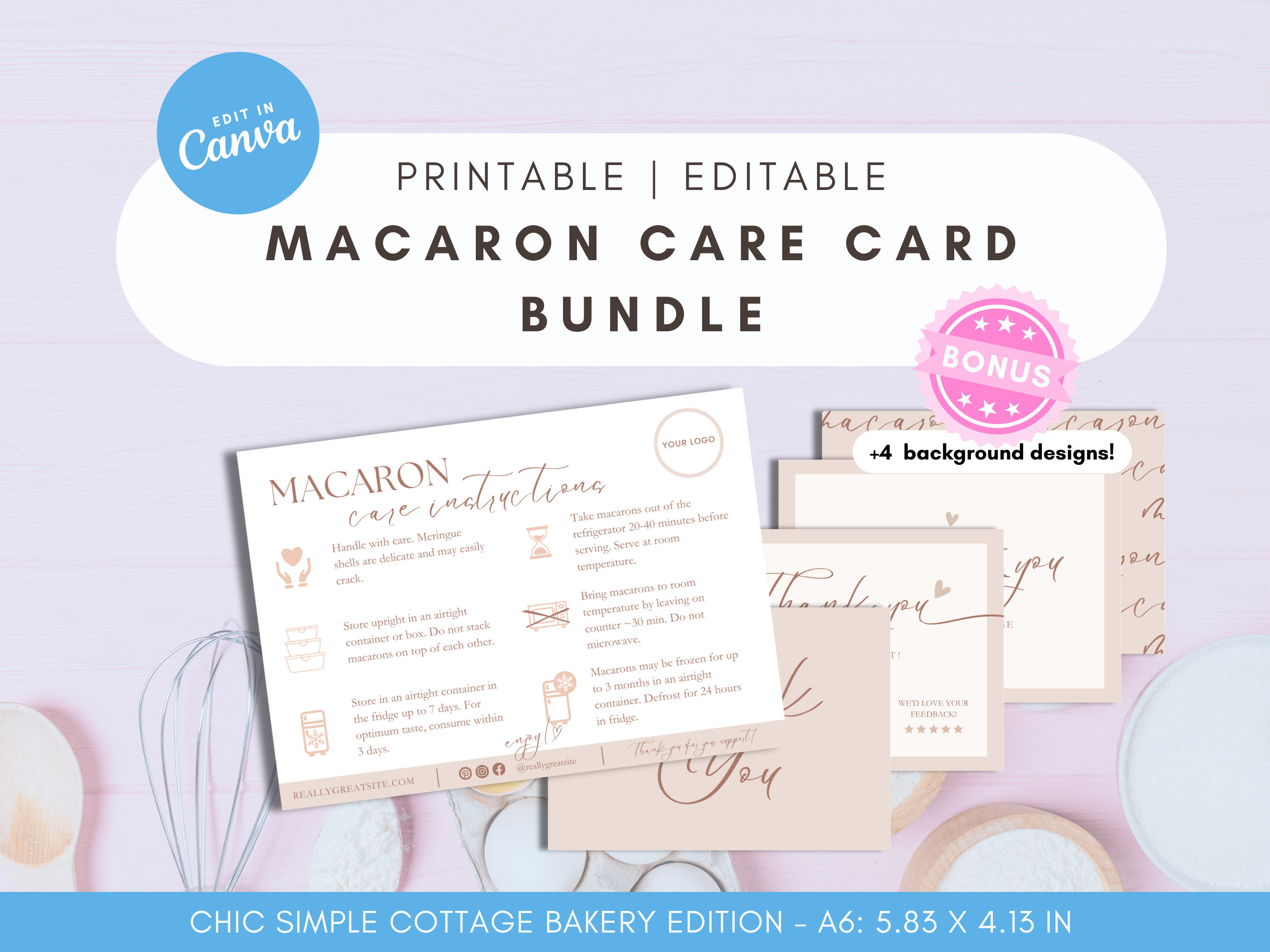 Elegant Simple Canva Editable Macaron Care Card Bundle for Cottage Bakeries, Home Bakery Business Packaging Template, A6 Thank You Card