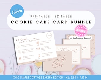 Elegant Simple Canva Editable Cookie Care Card Bundle for Cottage Bakeries, Home Bakery Business Packaging Template, A6 Thank You Card