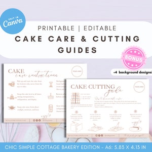 Elegant Simple Canva Editable Cake Care and Cake Cutting Guide Cards Bundle for Cottage Bakeries, Home Bakery Business Packaging Template