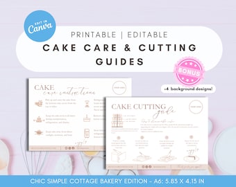 Elegant Simple Canva Editable Cake Care and Cake Cutting Guide Cards Bundle for Cottage Bakeries, Home Bakery Business Packaging Template