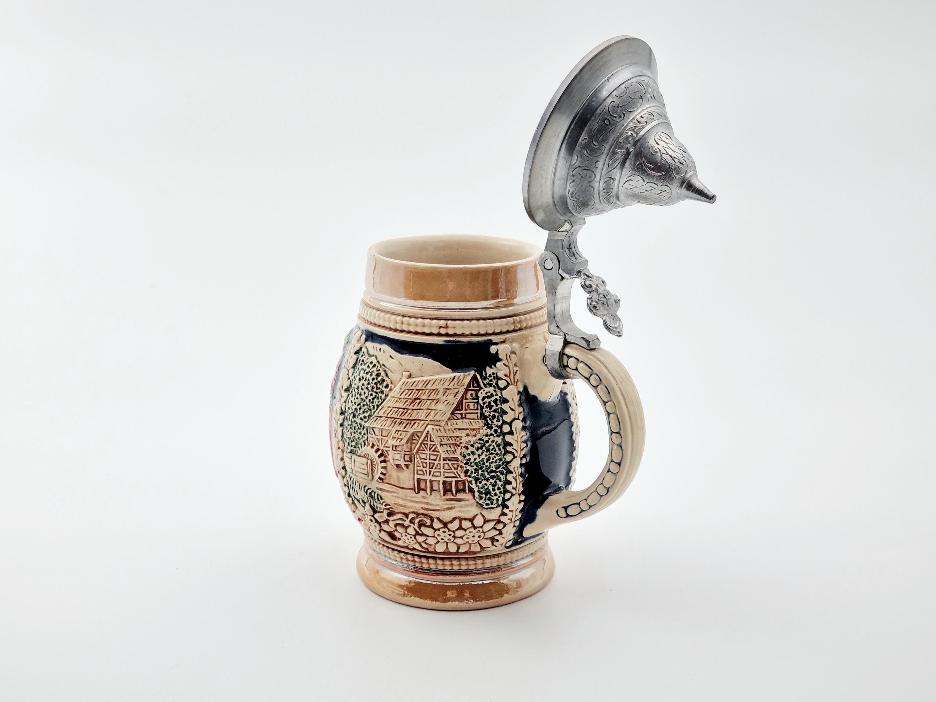 ❤️装飾的な陶器製ビールジョッキ ポット アンティーク ヴィンテージの蓋付きビールジョッキ：西ドイツの陶器製バーウェア