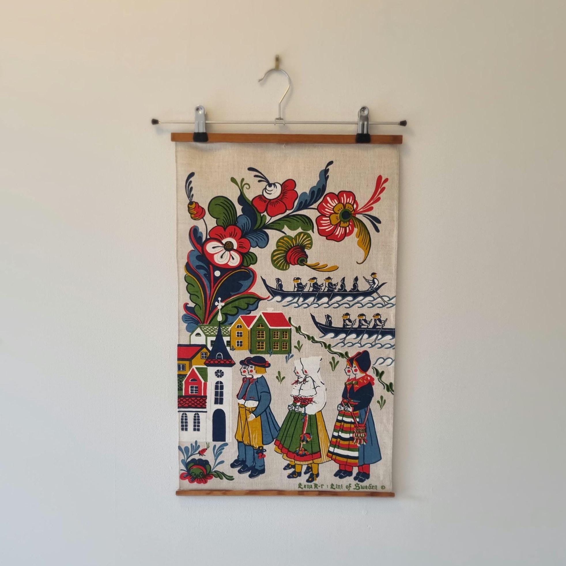Vintage Swedish Folk Art Textile Wall Hanging - Scandinavian Style