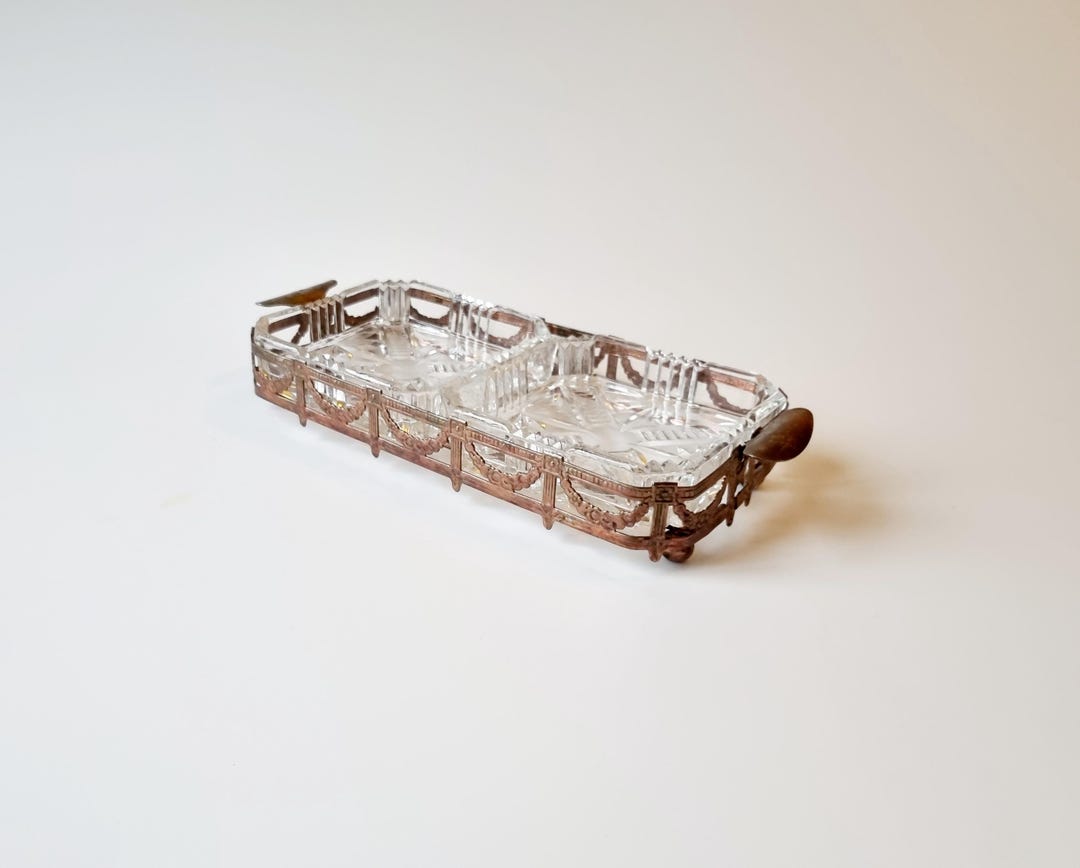 Vintage Metal Barware For Kitchen Reference: Vintage Clear Glass Relish Dish Mid Century Barware With Metal