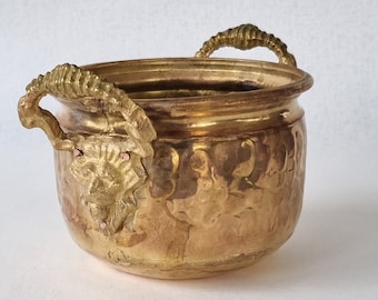 ANTIQUE VESSEL- Pot in Copper with Lovely Lion Head Handles, Large French Jardiniere, Round Flower Pot