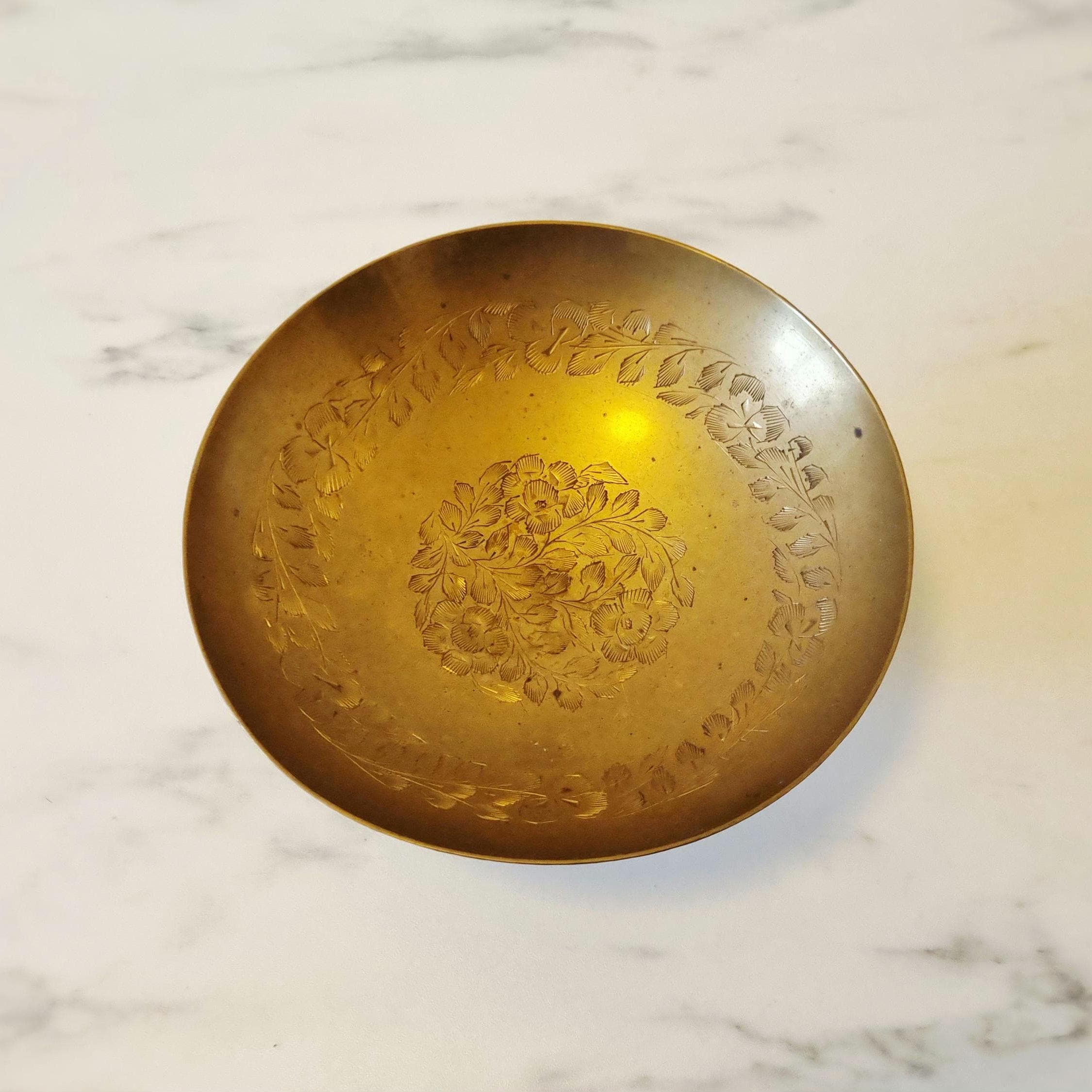 Antique Brass Bowl With Foot, Decorated With Enamel Patterns