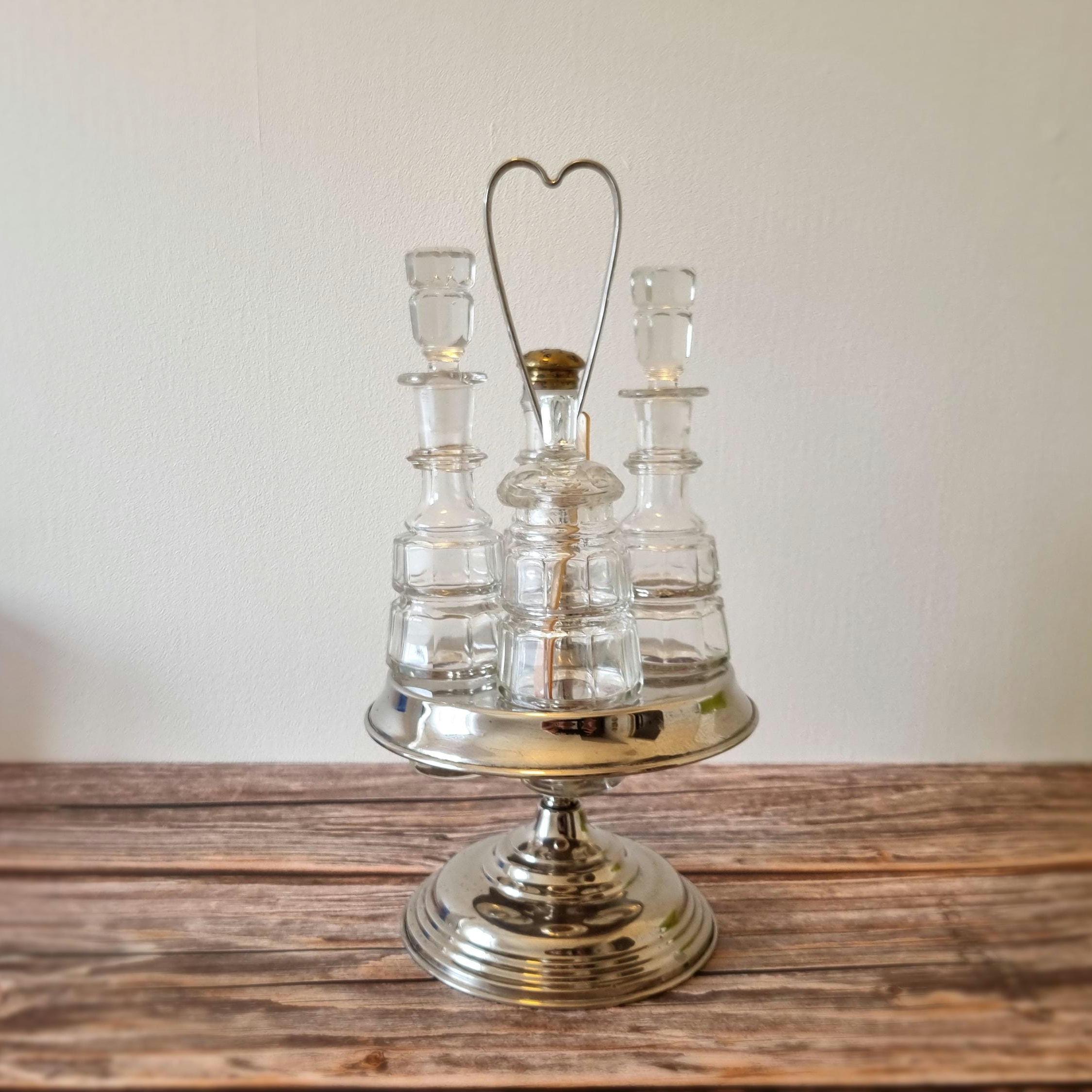 Antique Silver Plated Cruet Set: Etched Glass Condiments
