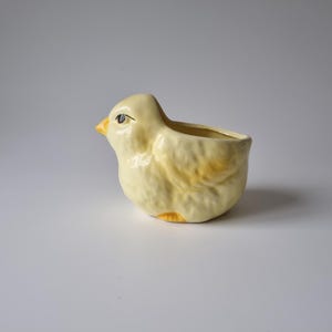 May include: A yellow ceramic chick planter with a small opening for planting. The chick has black eyes and a yellow beak.