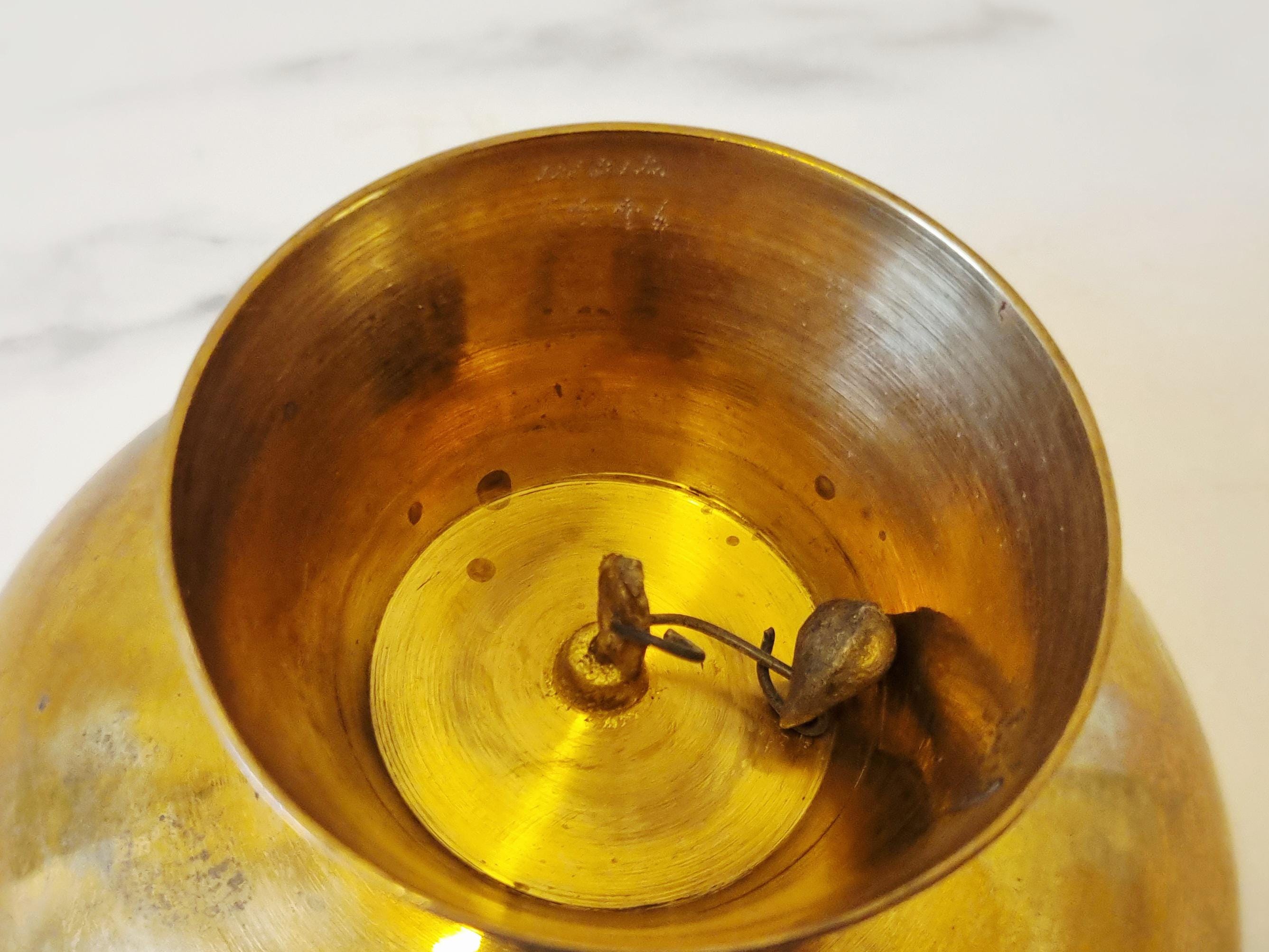 Antique Brass Bowl With Foot, Decorated With Enamel Patterns