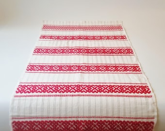 Hand-woven Christmas Table Runner - Swedish Vintage Tablecloth in Red and White Color