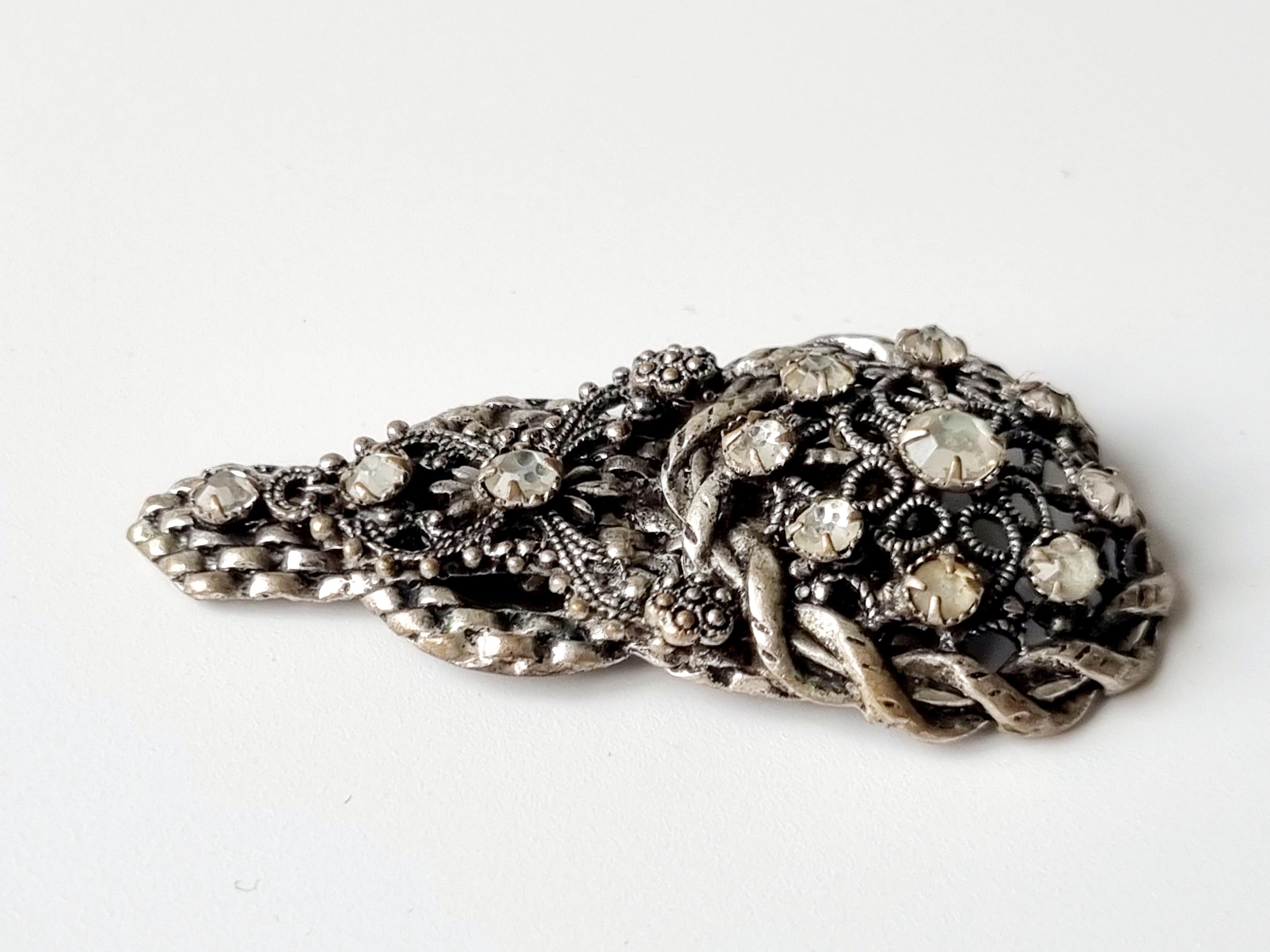 Vintage Rhinestone Clip Brooch: Czech Silver Jewelry, 1930s-50s